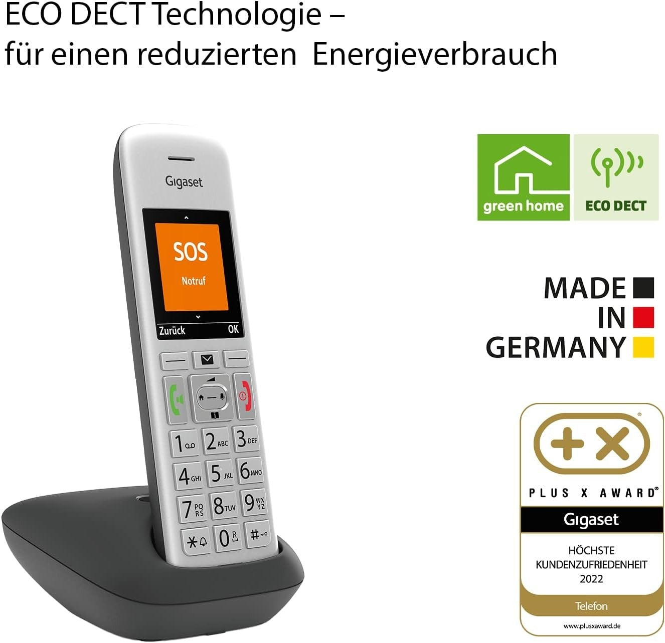 Gigaset E390 Schnurloses Telefon Silber/Schwarz TFT-Farbdisplay SOS-Funktion