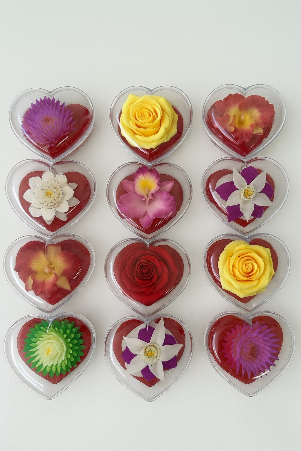 12er Set Blumenseife rot in herzförmigen Klarsichtboxen Duftend Deko Geschenk