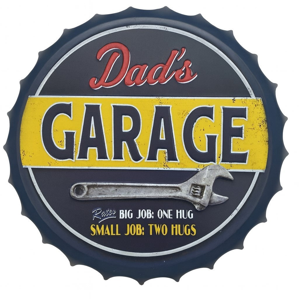 Blechschild Dad´s Garage Blau Kronkorken Design Ø 35 cm Vintage Retro Wandschild