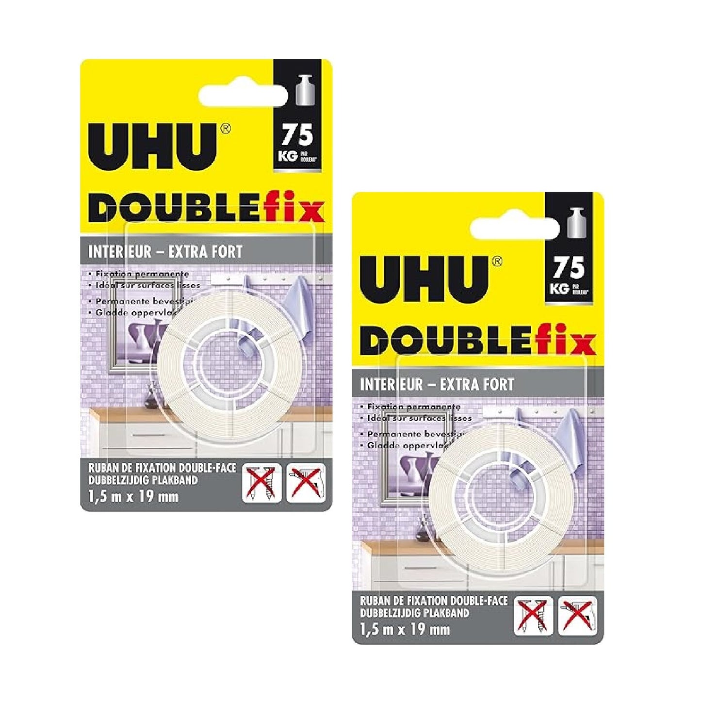 2x Uhu Doublefix extra stark innen je 1,5m x 19mm Klebeband doppelseitig Montage