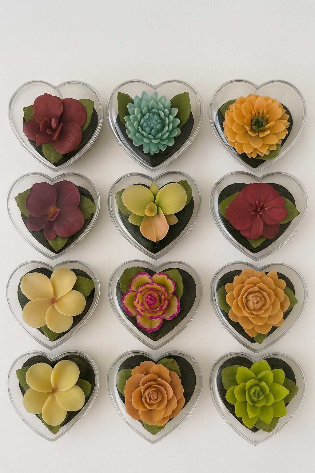 12er Set Blumenseife grün in herzförmigen Klarsichtboxen Duftend Deko Geschenk