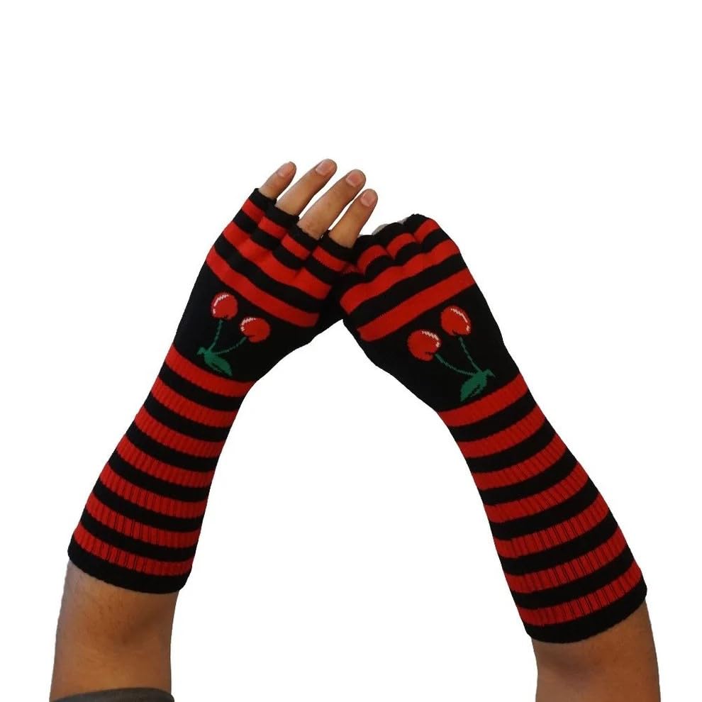 Fingerlose Lange Handschuhe – Schwarz / Rot Gestreift mit Kirschen – Rockabilly Punk Gothic Accessoire für Damen