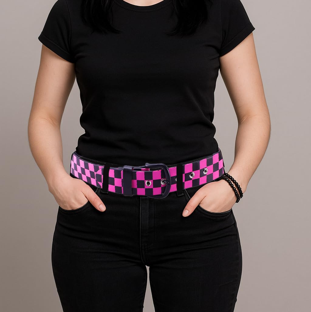 Unisex Gürtel Schwarz/Pink – Karierter Gürtel im Punk-Rock Style für Damen & Herren | Verstellbarer Jeansgürtel mit Karomuster