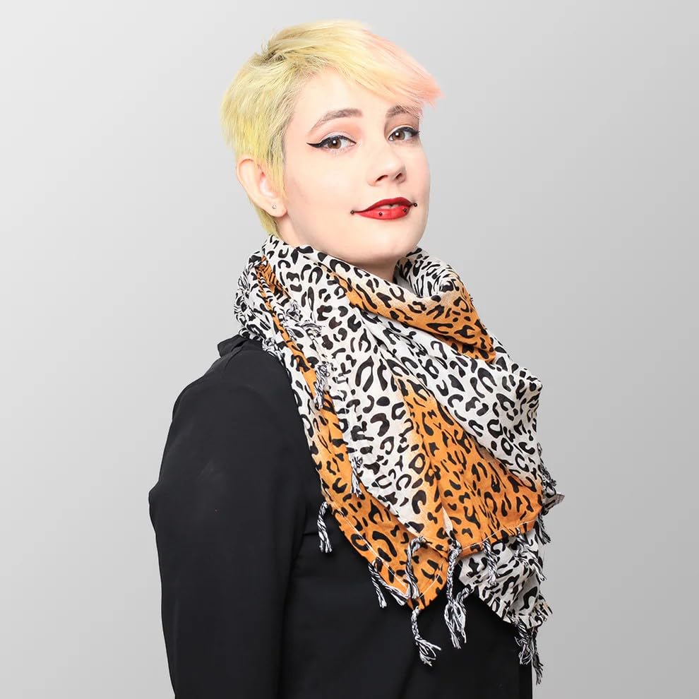 Damen Tuch mit Leopardenmuster Bicolor Braun/Weiß – Halstuch/Schal mit Fransen im Animal-Print