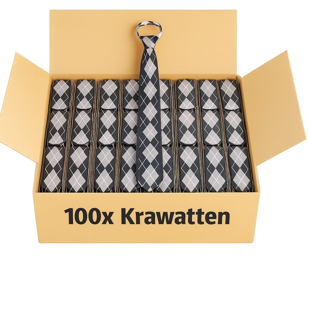 100x Krawatte Schwarz-Silber mit Rautenmuster – Schmale Herren Krawatten in Satinoptik – Großhandel Set