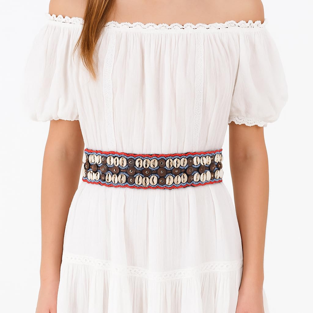 Boho Muschelgürtel Damen Rot/Blau – Handgefertigter Taillen- & Hüftgürtel Gürtel mit Muscheln im Ibiza Style – Sommer Festival Accessoire