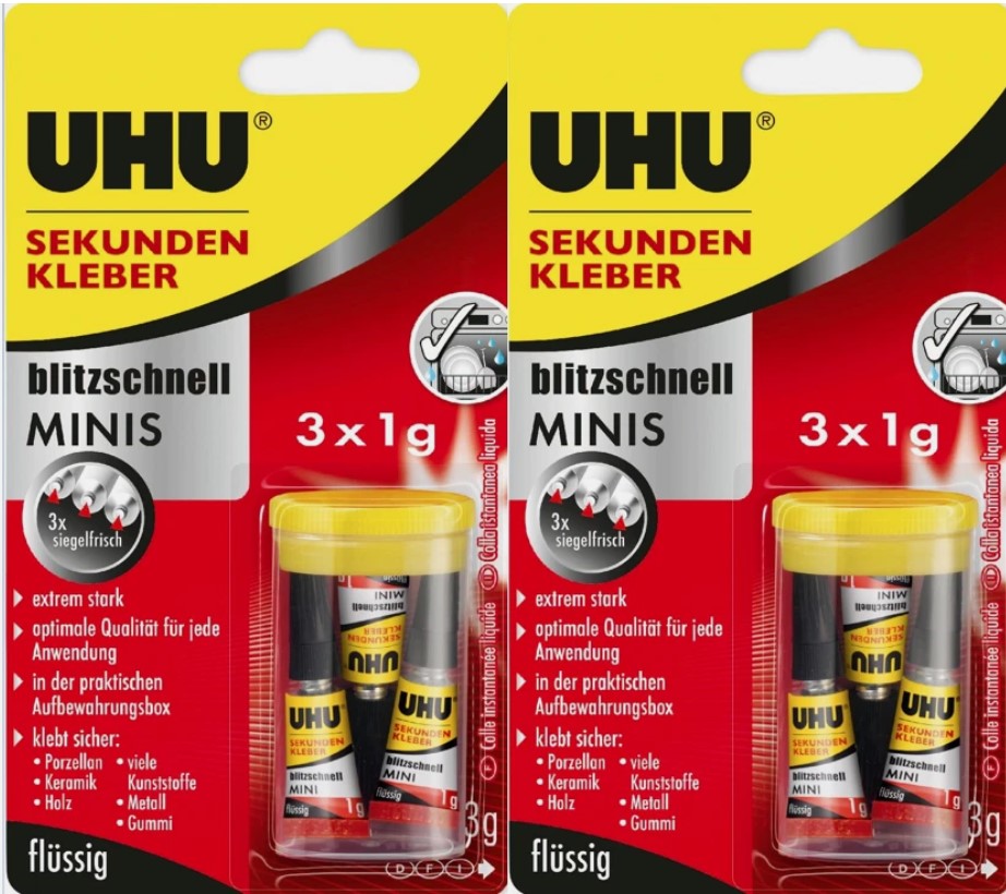 UHU Sekundenkleber Minis 2x (je 3x1g) – Blitzschneller Superkleber für präzise Anwendungen