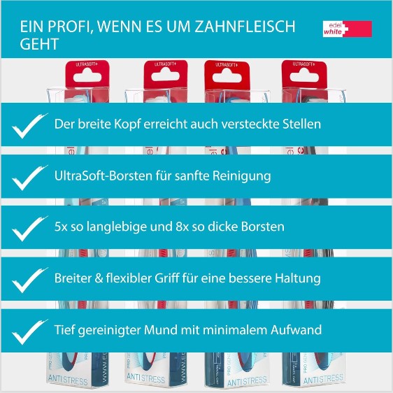 4 x edelwhite Zahnbürste GUM Pro Gums ultraweich Breiter Bürstenkopf SANFT ZAHN