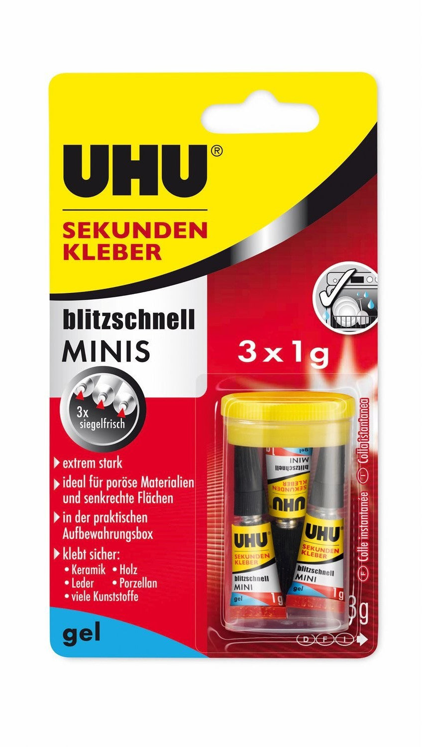 UHU Sekundenkleber Gel Minis Sparset – 3x (3x1g) für Holz, Keramik, Kunststoff