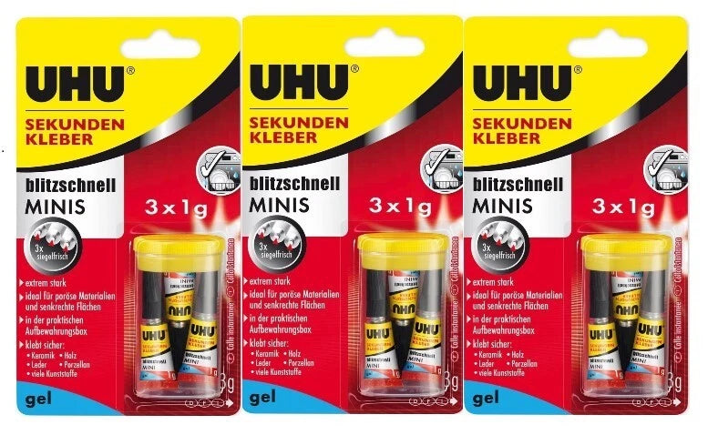 UHU Sekundenkleber Gel Minis Sparset – 3x (3x1g) für Holz, Keramik, Kunststoff