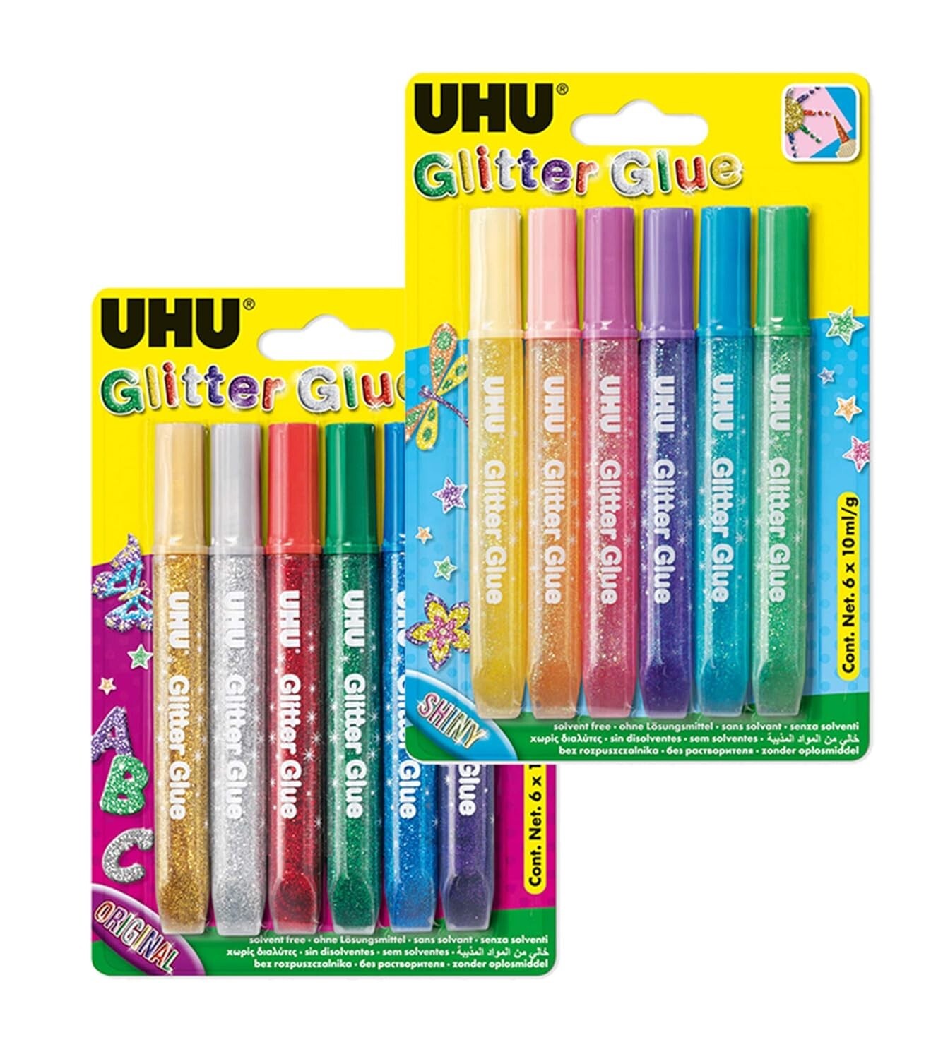 2x Uhu 6er Set Glitter Glue Original + Shiny Glitzer Kleber Basteln Dekorieren