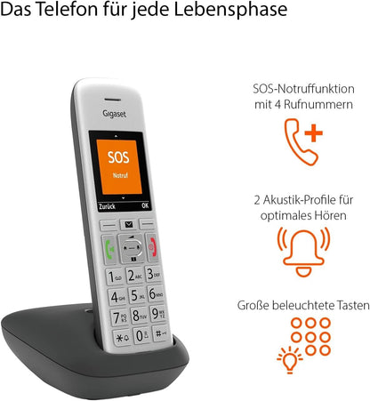 Gigaset E390 Schnurloses Telefon Silber/Schwarz TFT-Farbdisplay SOS-Funktion