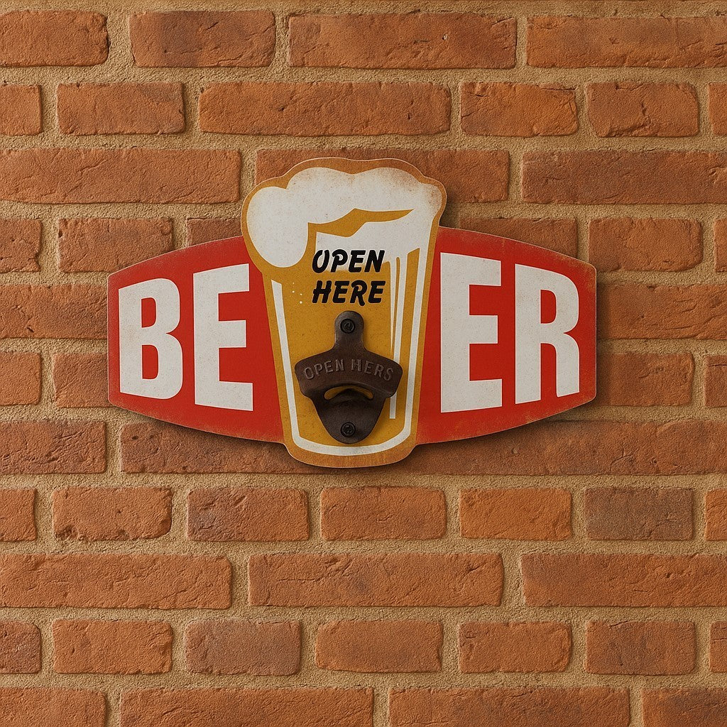 Schild Beer Open Here mit Flaschenöffner 30x19 cm Drink Bier Deko Kneipe Gastro