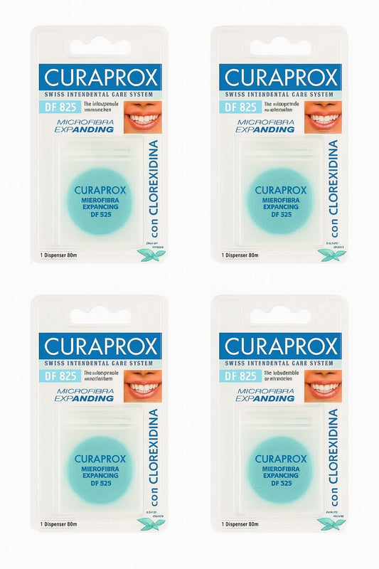 4er Set Curaprox DF 825 Microfibra Expanding je 30m Spender Zahnseide Reinigung
