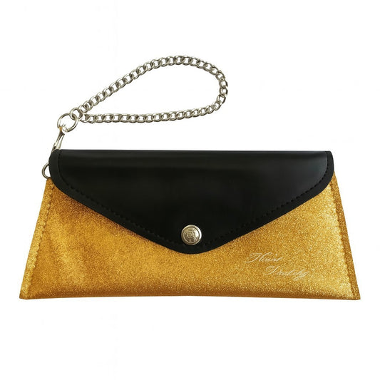 Handtasche Clutch Schwarz/Gold Tasche Innen Leopard Chain Pochette Rockabilly