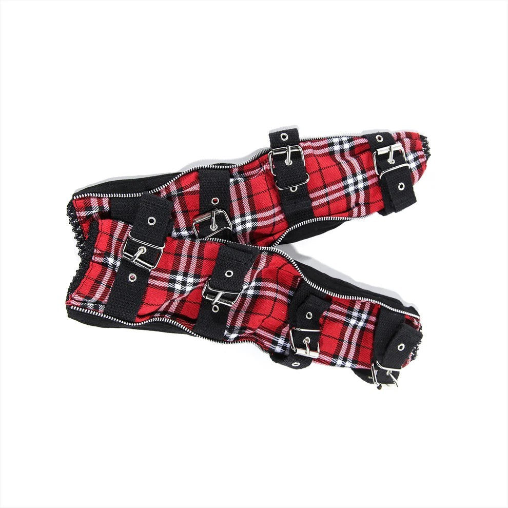Armstulpen mit Metallschnallen Schwarz Rot Kariert Gothic Punk Rocker Accessoire