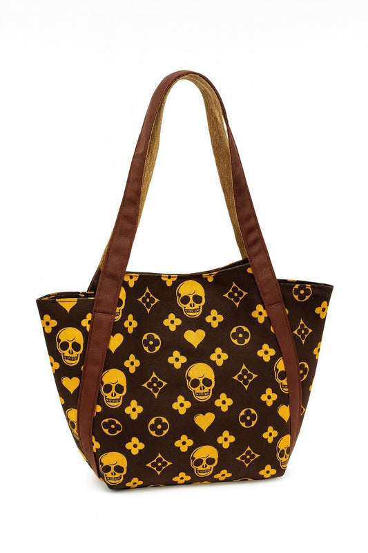 Handtasche Braun/Gelb Totenköpfe Skull Schultertasche Handtasche Henkeltasche Shopper Damen