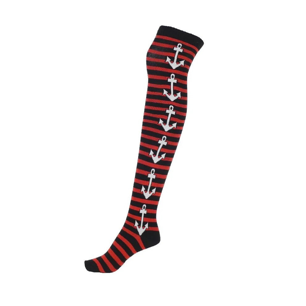 2 Paar lange Socken ringel Anker Motiv Overknees Gothic Punk Emo Rockabilly rot