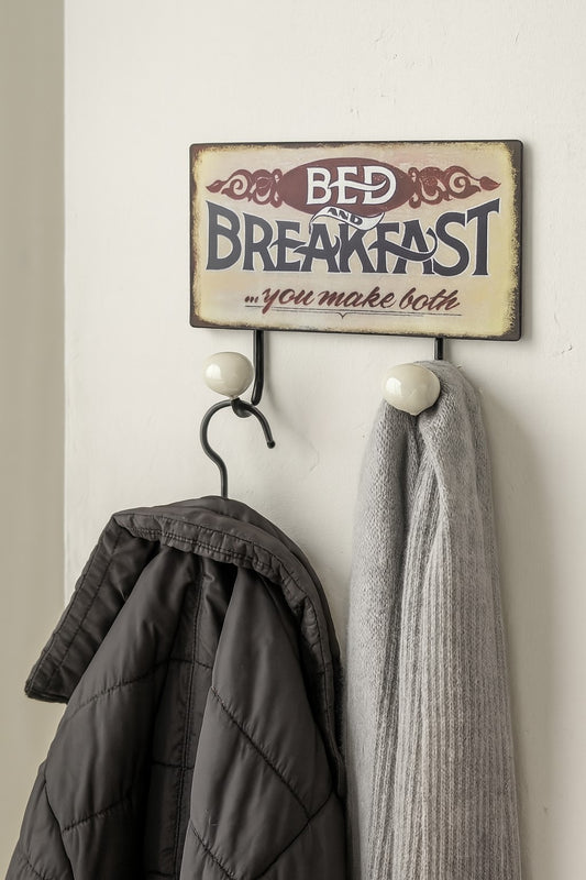 Blechschild Bed and Breakfast 23x17 cm Garderobe Kleiderhaken Metall Haken Retro