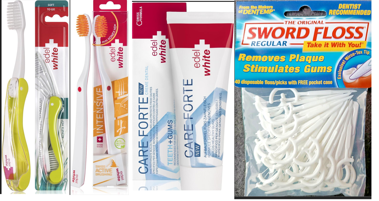Original edel+white Zahnpflege Set – 4 Zahnbürsten + Zahnpasta + Zahnseide
