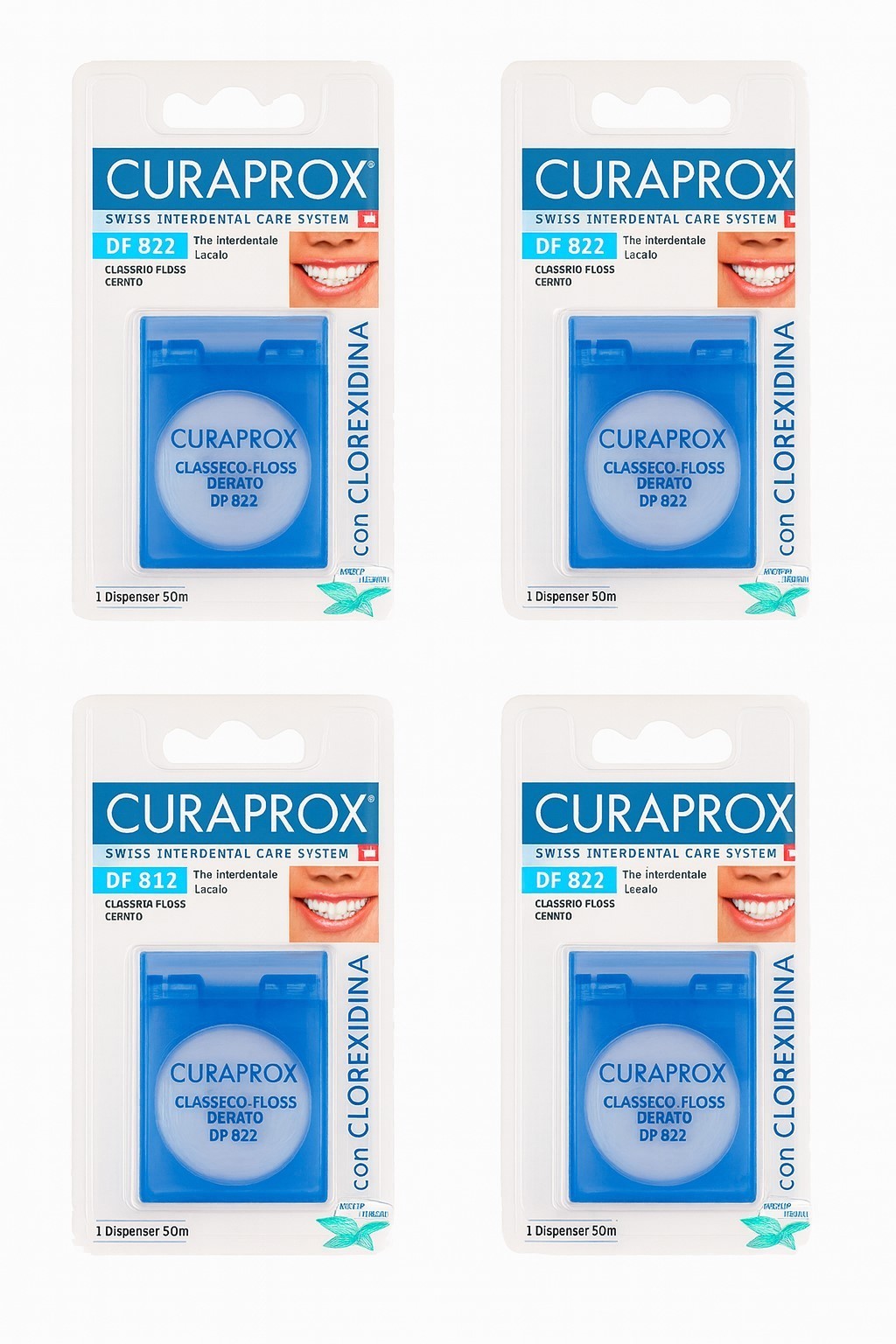 4er Set Curaprox DF 822 Classico Floss je 50m Spender Zahnseide Zahnreinigung