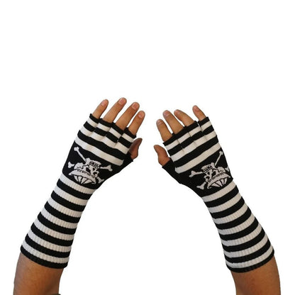Fingerlose Handschuhe Death Seemann Schwarz/Weiß Gestreift Totenkopf Skull Gothic Punk