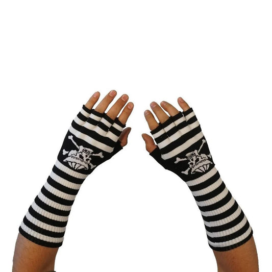 Fingerlose Handschuhe Death Seemann Schwarz/Weiß Gestreift Totenkopf Skull Gothic Punk
