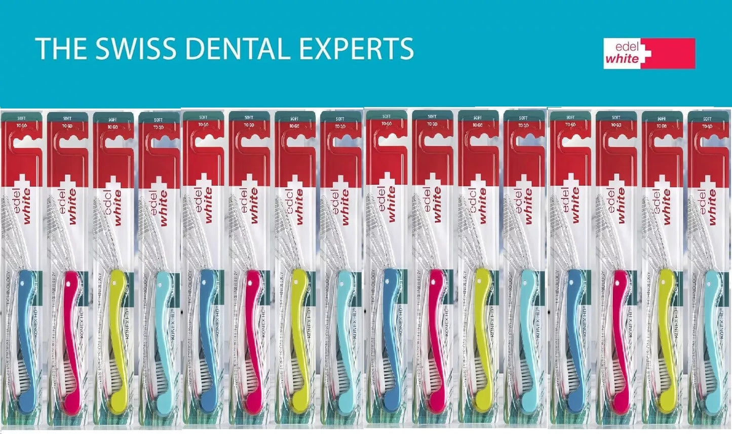 12 x edel+white Flosserbrush TO GO Soft Zahnbürste Reisezahnbürsten einklappbar