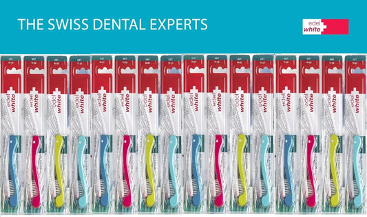 12 x edel+white Flosserbrush TO GO Soft Zahnbürste Reisezahnbürsten einklappbar