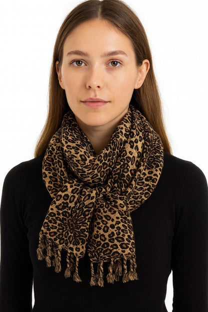 Schal Tuch Leoparden Muster Braun Fransen Halstuch Animal Print Kopftuch Mode