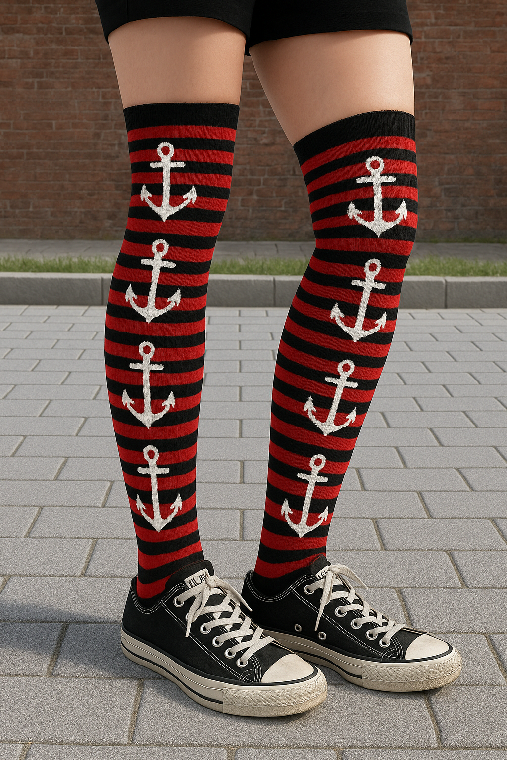 2 Paar lange Socken ringel Anker Motiv Overknees Gothic Punk Emo Rockabilly rot