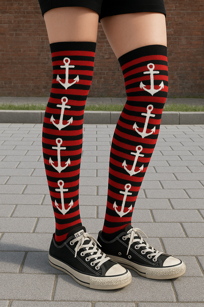 2 Paar lange Socken ringel Anker Motiv Overknees Gothic Punk Emo Rockabilly rot