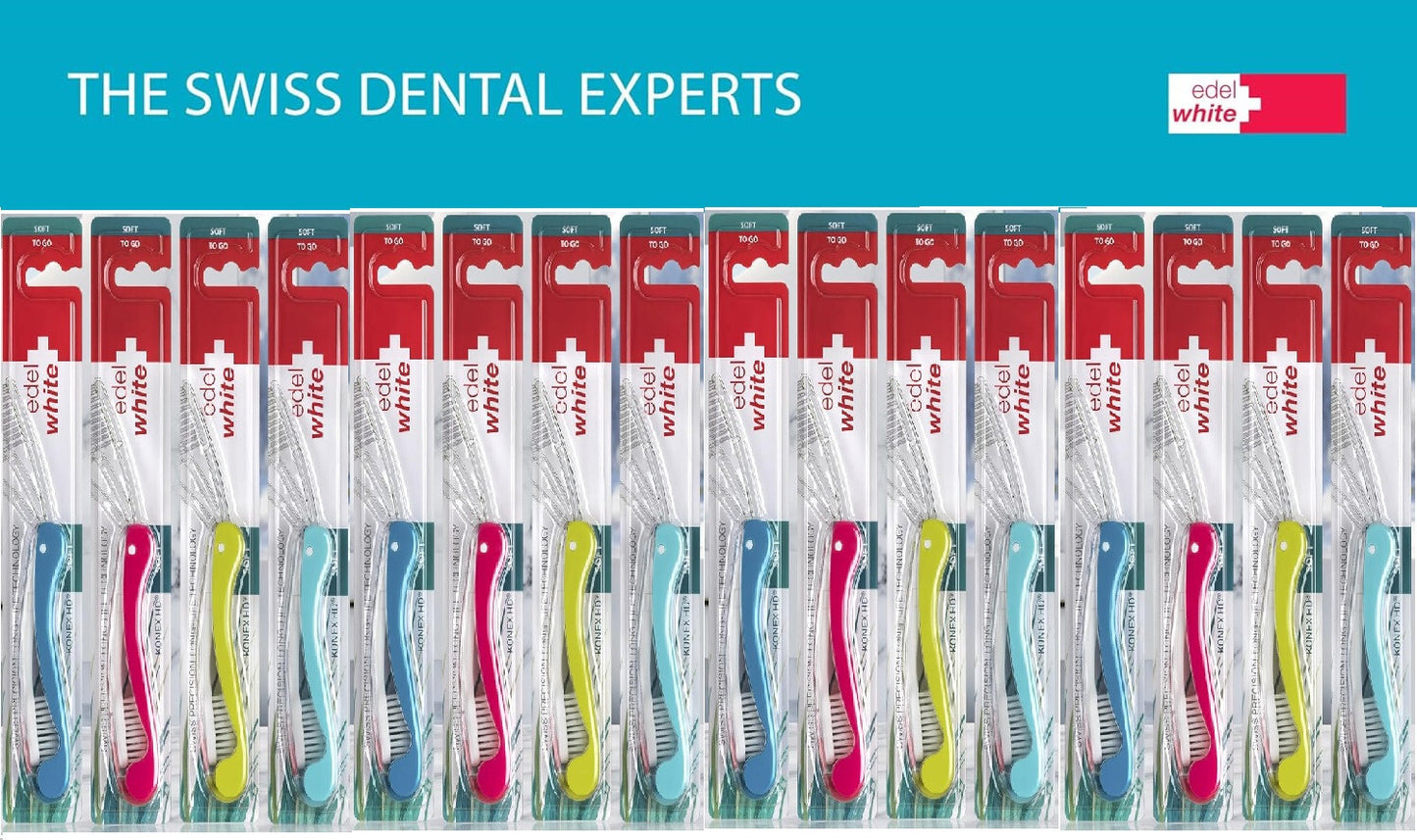 12 x edel+white Flosserbrush TO GO Soft Zahnbürste Reisezahnbürsten einklappbar