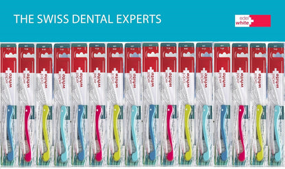 12 x edel+white Flosserbrush TO GO Soft Zahnbürste Reisezahnbürsten einklappbar