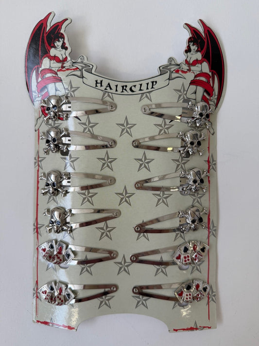 12x Haarklammern mit Totenköpfe u. Karten Haarclips Rockabilly Retro Gothic Punk