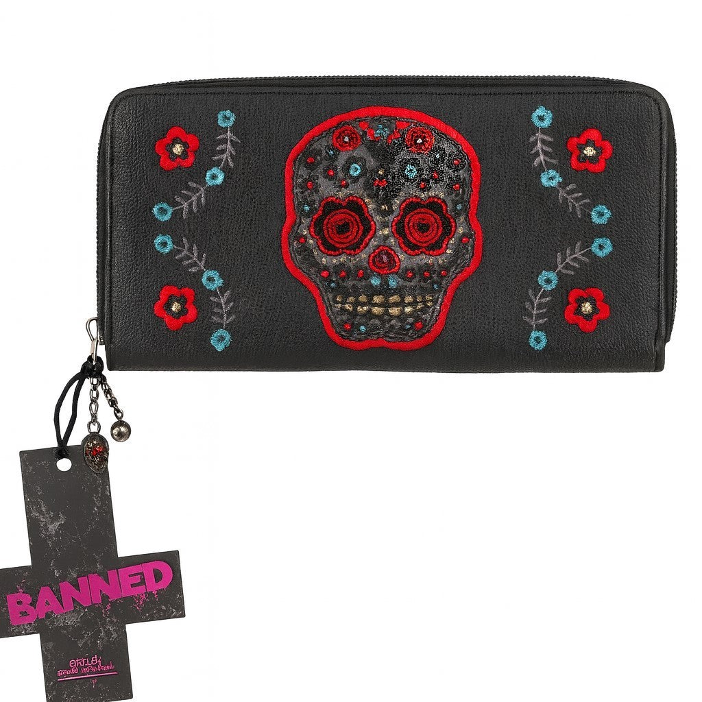 Geldbeutel Schwarz Totenkopf Skull Blumen Stickerei Portemonnaie Geldbörse Rockabilly