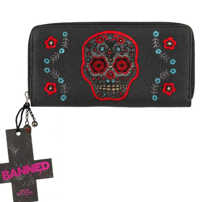 Geldbeutel Schwarz Totenkopf Skull Blumen Stickerei Portemonnaie Geldbörse Rockabilly