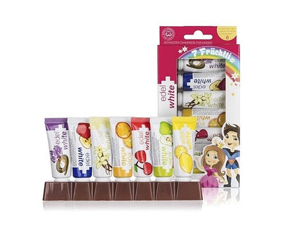 edel+white 7 Früchtli Zahnpasta Kinder mit 4 Kinderzahnbürsten Ultrasoft Borsten