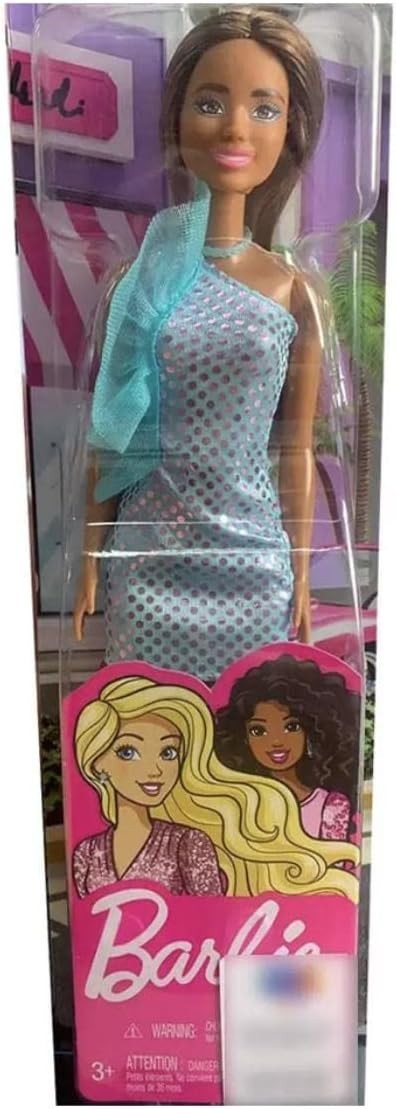 Mattel T7580 / HJR95 Barbie Puppe mit Türkis Glitzer Kleid Polka Dots Mini Dress