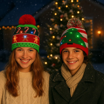 2er Set LED Licht Mütze Lebkuchen & Tanne Weihnachtsmütze Strickmütze Weihnachten