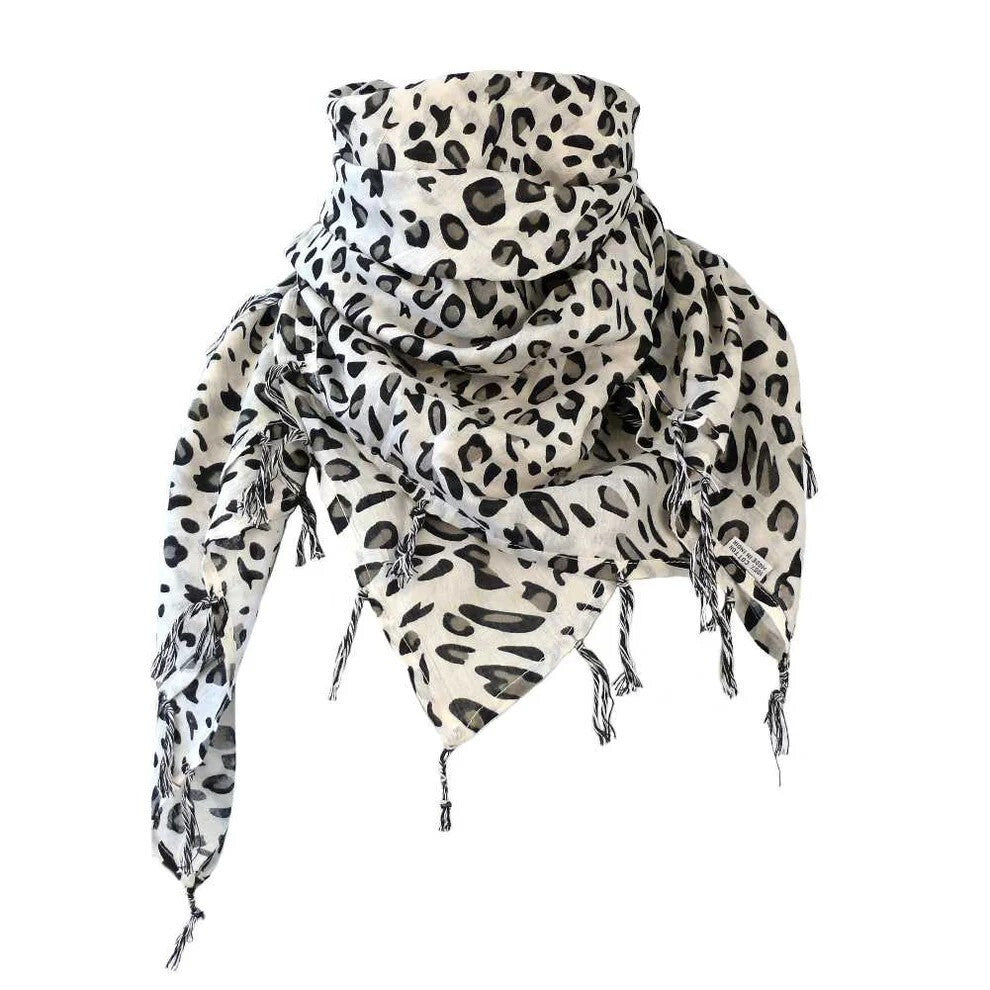 Tuch Damen Leopard Tuch Fransen Halstuch weiß schwarz Schal Safari Look Animal