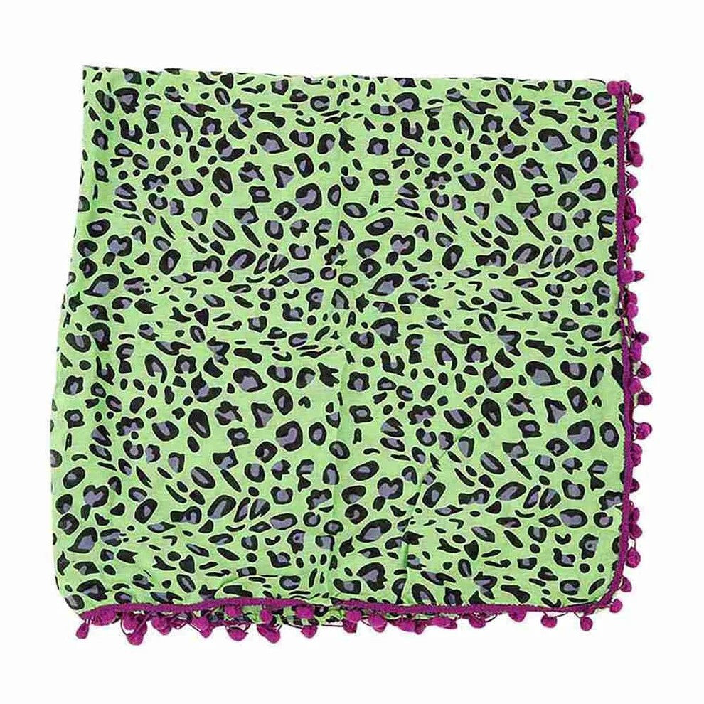 Tuch Leoparden Muster Grün Pompons Halstuch Damen Retro Vintage Tuch Animal Leo