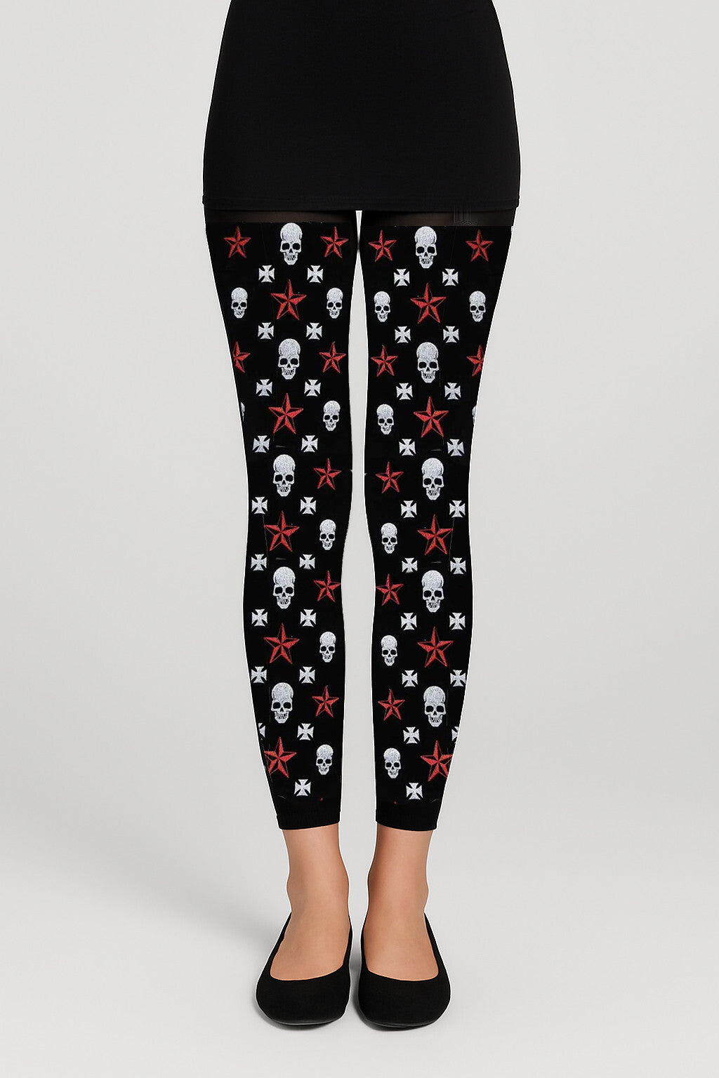 Schwarze Strumpfhose Totenkopf Skull Stern Kreuz Gothic Punk Rock Skull Leggings