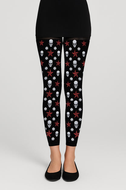 Schwarze Strumpfhose Totenkopf Skull Stern Kreuz Gothic Punk Rock Skull Leggings