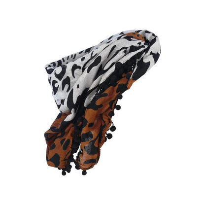 Tuch Leopardenmuster Braun Weiß Halstuch Damen Safari Look Boho Bommel Schal Leo