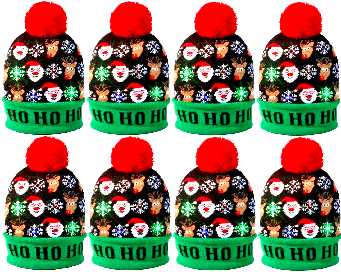 8 LED Licht Mütze Ho Ho Ho Weihnachtsmütze Weihnachten Bommel Strickmütze Nikolaus