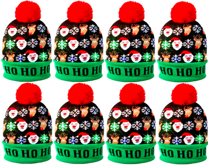 8 LED Licht Mütze Ho Ho Ho Weihnachtsmütze Weihnachten Bommel Strickmütze Nikolaus