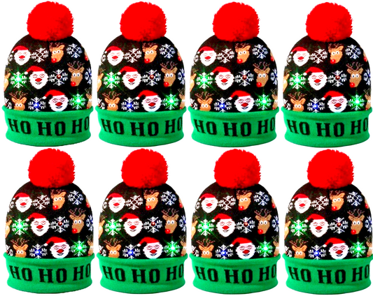 8 LED Licht Mütze Ho Ho Ho Weihnachtsmütze Weihnachten Bommel Strickmütze Nikolaus