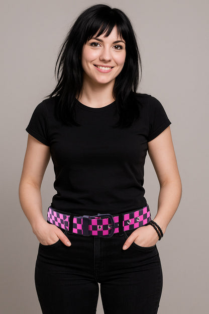 Ledergürtel Schwarz/Pink kariert Unisex Gürtel Belt Jeansgürtel Karomuster Mode Damen