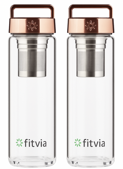 2x Fitvia Teeflasche Glas doppelwandig 380ml Teesieb Thermo Trinkflasche flasche